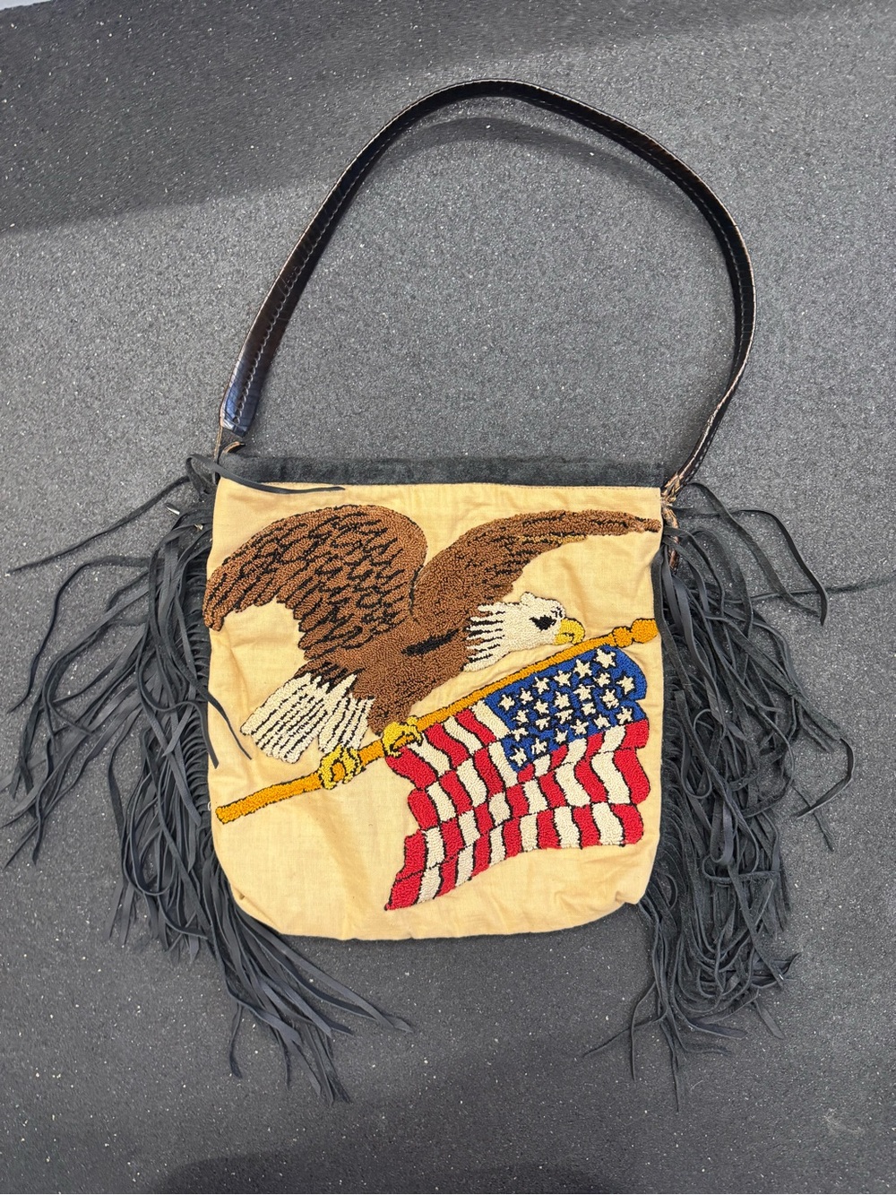 Leather Fringed Eagle & American Flag Shoulder Bag - Cream/Brown/Red